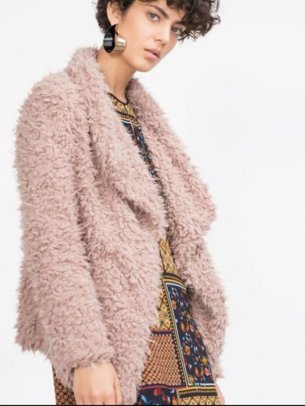 Retro Plush Faux-Shearling Open Front Jacket - Blush Pink